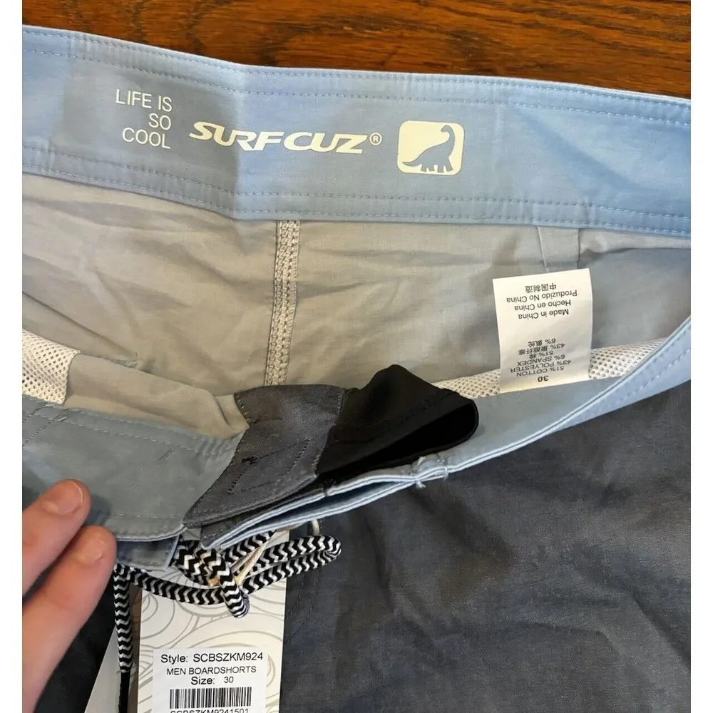 NWT SURF CUZ Board Shorts Mens 30 Beach‎ Short 4-Way Stretch Swim Gray Baby Blue